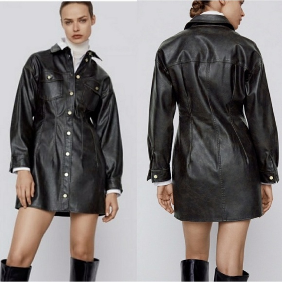 Zara Dresses & Skirts - NWOT ZARA Dark Brown Faux Leather Gold Button Mini Dress Size Medium